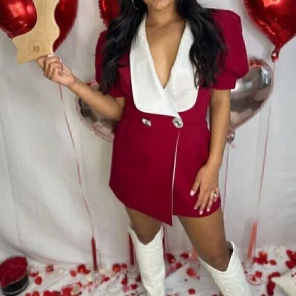 Crystal Rhinestone Button Bow Back  Red White Blazer Mini Dress L - Picture 2 of 9